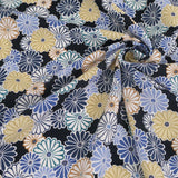 Polyester Chirimen Crepe Colorful Chrysanthemum Blooms Dark Navy (Length) 1=0.25yard