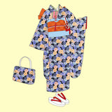 Polyester Chirimen Crepe Colorful Chrysanthemum Blooms Dark Navy (Length) 1=0.25yard