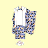 Polyester Chirimen Crepe Colorful Chrysanthemum Blooms Dark Navy (Length) 1=0.25yard