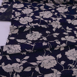 Polyester Chirimen Knit – Floral Elegy in Deep Navy & Ivory (Length) 1=0.25yard