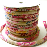 Chirimen Fabric Cord - 1/3in Scattered Japanese Flowers Beige x Pink (Quantity) 1=1yard