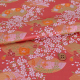 Nishijin-ori Brocade Japanese Fan Paper with Cherry Blossoms - Coral Pink (Length) 1=0.25yard