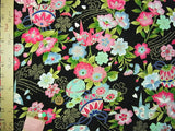 Japanese Flowers with Paper Cranes - Black (Length) 1=0.25yard