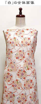 Polyester Chirimen Crepe Cherry Bouquet in White (Length) 1＝0.25yard