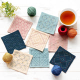 Sashiko Glass Coaster Kit - 5 Traditional Patterns on Ivory