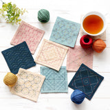 Sashiko Glass Coaster Kit - 5 Traditional Patterns on Light Blue