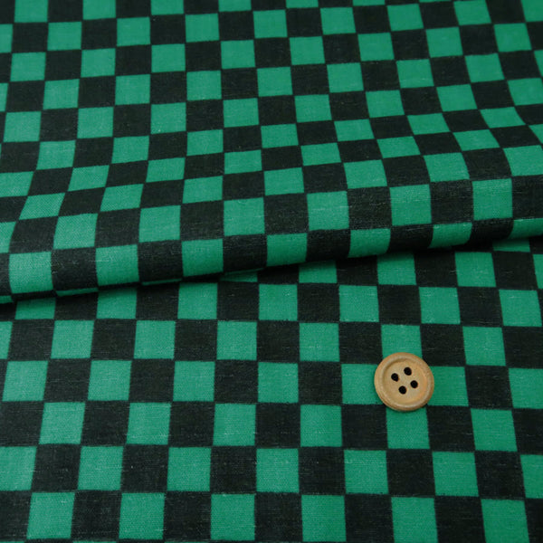 Double Gauze Cotton – Black & Green Ichimatsu Checker Pattern (Length) 1＝0.25yard