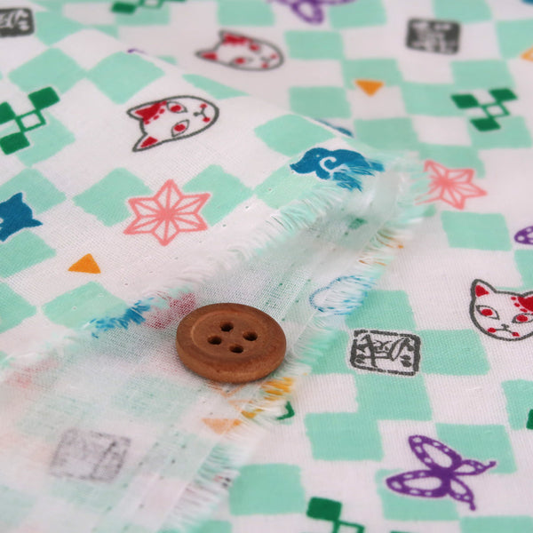 Double Gauze Cotton - Licensed Demon Slayer Checkerboard - Mint Green (Length) 1＝0.25yard