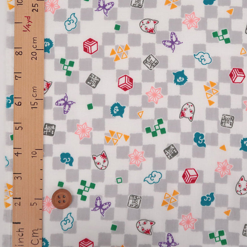 Double Gauze Cotton - Licensed Demon Slayer Checkerboard - Light Gray (Length) 1＝0.25yard