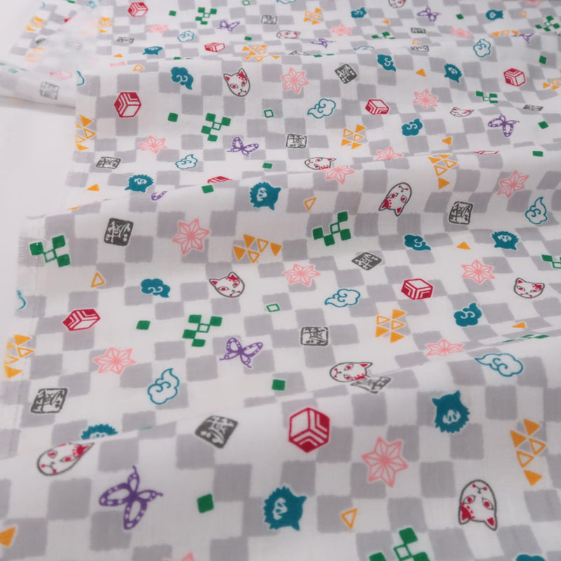 Double Gauze Cotton - Licensed Demon Slayer Checkerboard - Light Gray (Length) 1＝0.25yard