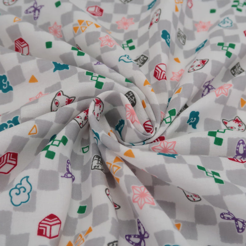 Double Gauze Cotton - Licensed Demon Slayer Checkerboard - Light Gray (Length) 1＝0.25yard