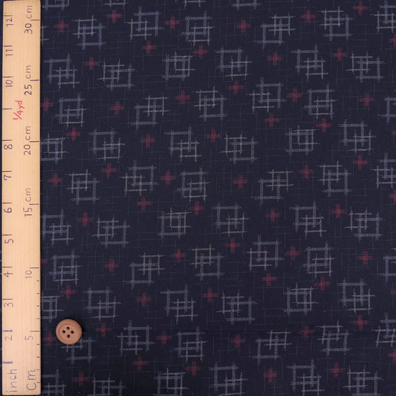 Japanese Ikat Igasuri Style Motif -Navy / Red Accents (Length) 1=0.25yard
