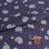 Cotton – Cats on a Dotted Background, Gray and Blue (Length) 1＝0.25yard