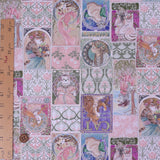 Cotton – Mucha-Inspired Cat Print, Pink Tones (Length) 1＝0.25yard