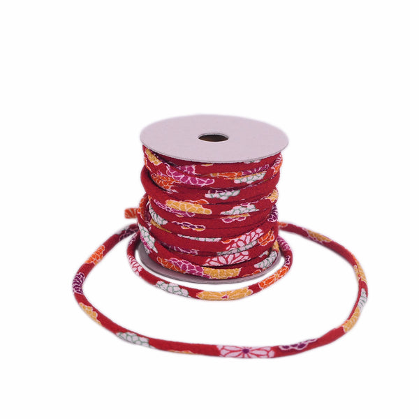 Chirimen Fabric Cord - 1/9in Small Colorful Mums on Red (Quantity) 1＝1yard