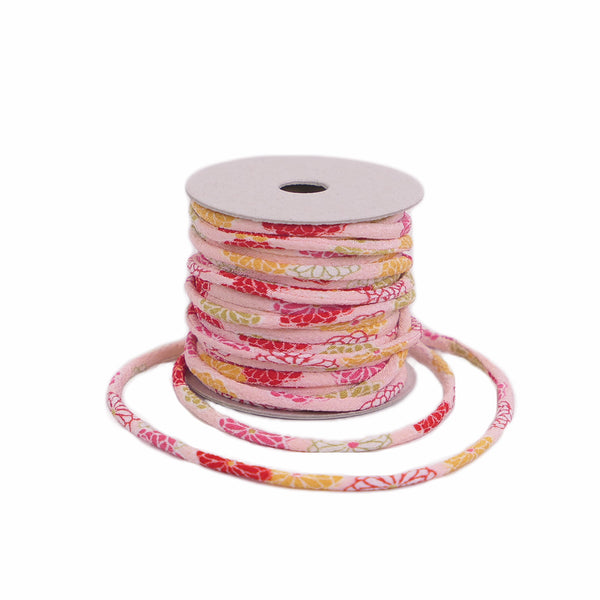 Chirimen Fabric Cord - 1/9in Small Colorful Mums on Pink (Quantity) 1＝1yard