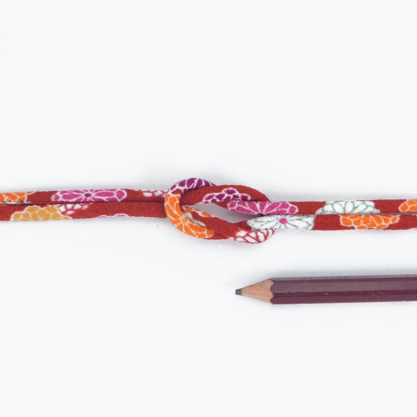 Chirimen Fabric Cord - 1/8in Small Colorful Mums on Red (Quantity) 1＝1yard