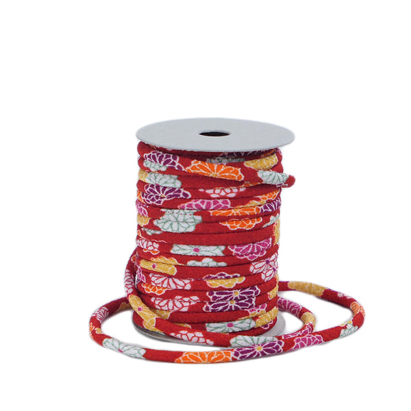 Chirimen Fabric Cord - 1/8in Small Colorful Mums on Red (Quantity) 1＝1yard
