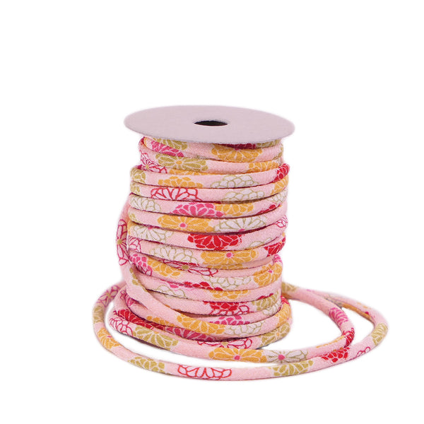 Chirimen Fabric Cord - 1/8in Small Colorful Mums on Pink (Quantity) 1＝1yard