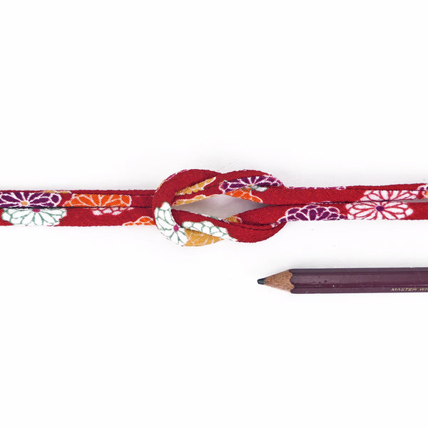 Chirimen Fabric Cord - 1/6in Small Colorful Mums on Red (Quantity) 1＝1yard