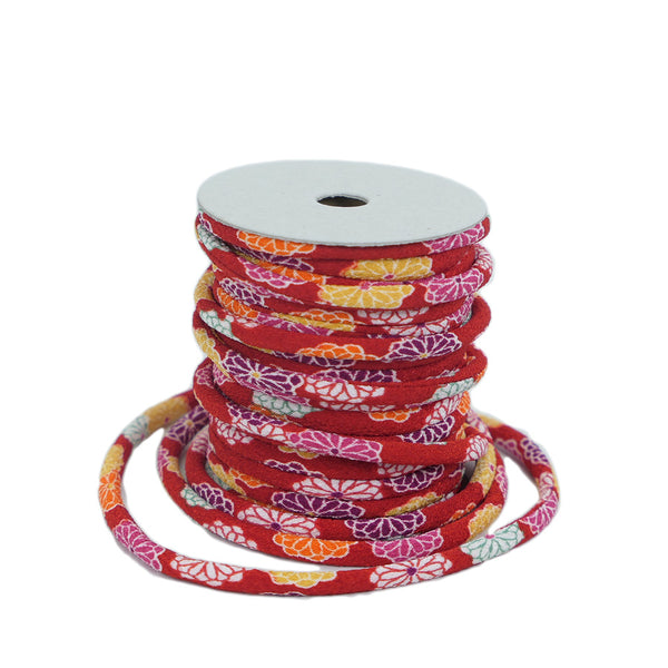 Chirimen Fabric Cord - 1/6in Small Colorful Mums on Red (Quantity) 1＝1yard
