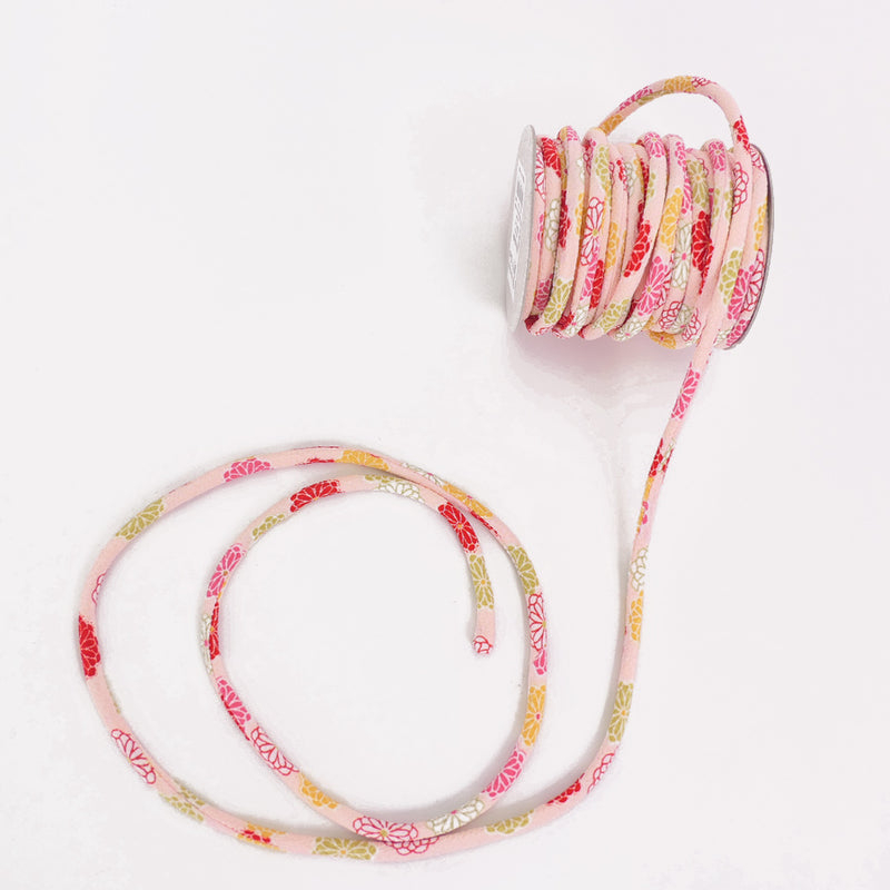 Chirimen Fabric Cord - 1/6in Small Colorful Mums on Pink (Quantity) 1＝1yard