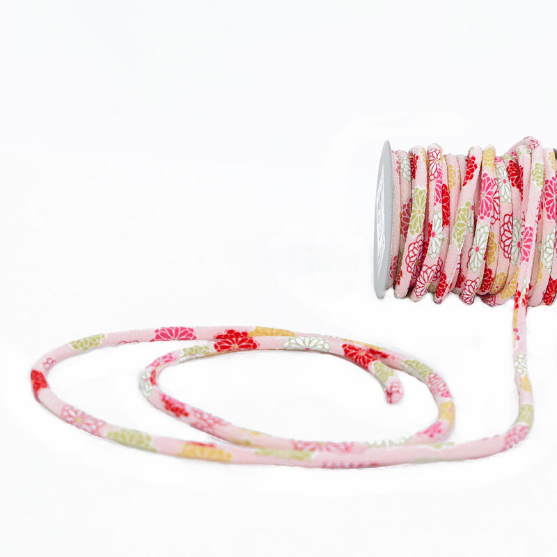 Chirimen Fabric Cord - 1/6in Small Colorful Mums on Pink (Quantity) 1＝1yard