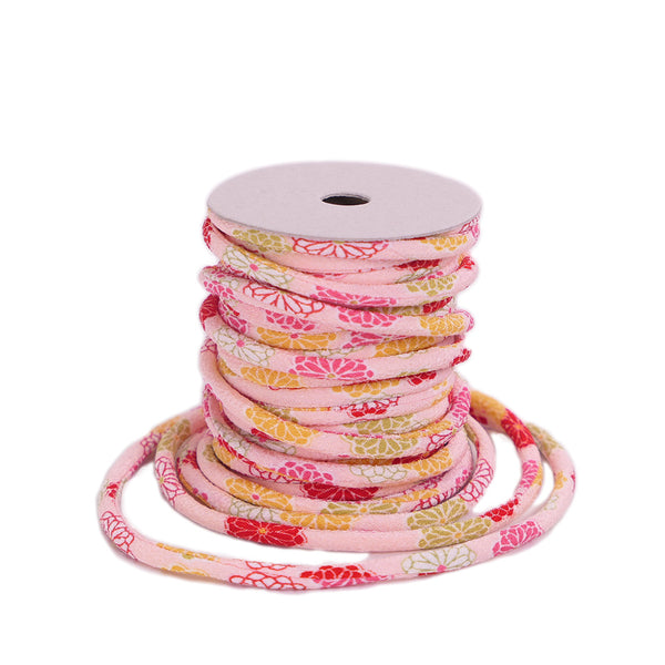 Chirimen Fabric Cord - 1/6in Small Colorful Mums on Pink (Quantity) 1＝1yard