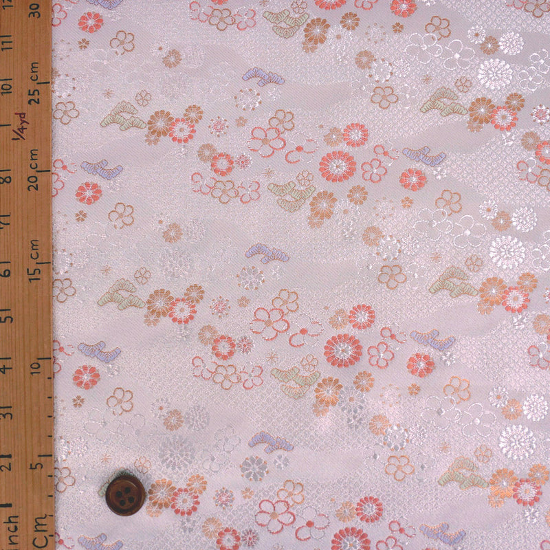 Nishijin-ori Brocade Japanese Mums & Ume on Dotted Clouds - White (Length) 1＝0.25yard