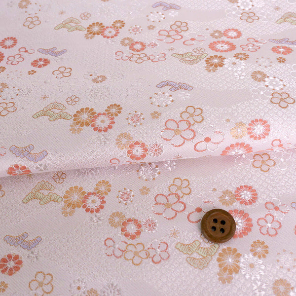 Nishijin-ori Brocade Japanese Mums & Ume on Dotted Clouds - White (Length) 1＝0.25yard