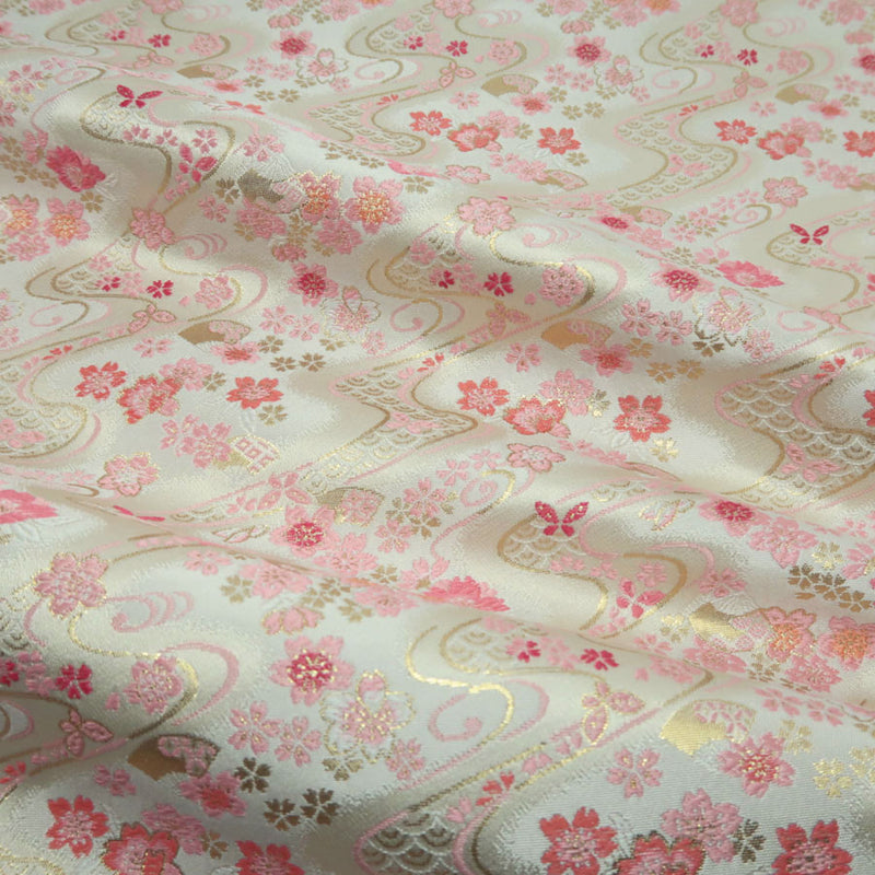 Nishijin-ori Brocade Cherry Blossoms & Butterflies on Streams - Ivory/Pink (Length) 1＝0.25yard