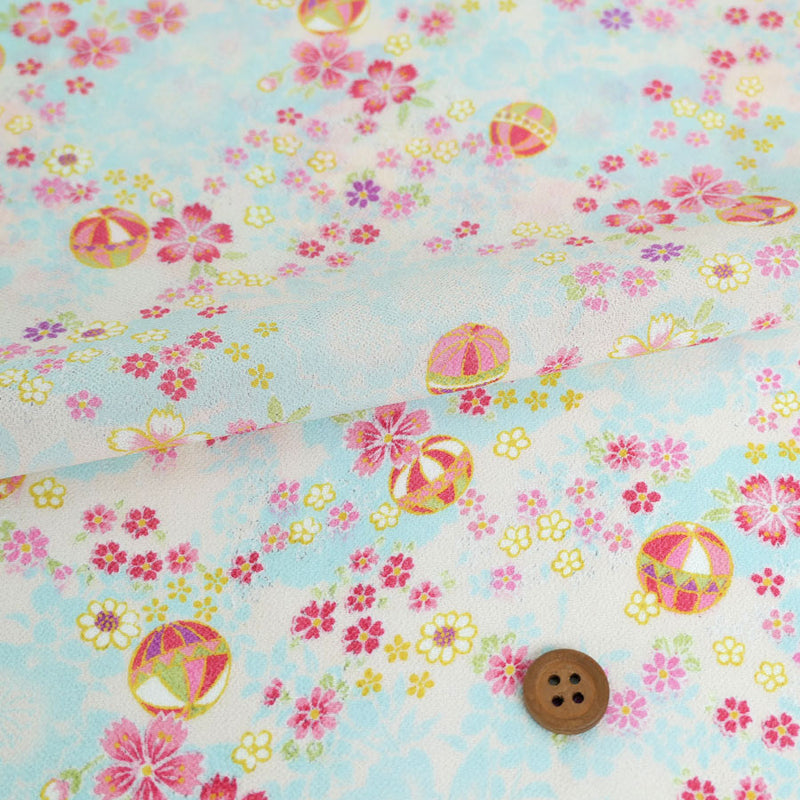 Shadowy Cherry Blossoms with Temari Balls on Light Blue (Length) 1＝0.25yard