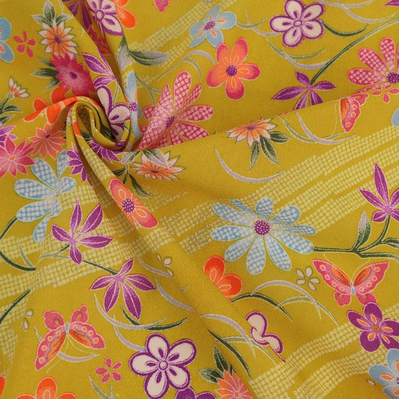 Flowers & Butterflies with Zig Zag Kanoko Dots - Mustard Yellow (Length) 1＝0.25yard