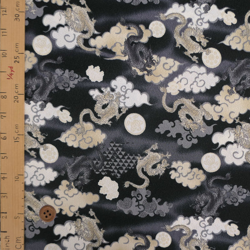 Polyester Chirimen Crepe Flying Dragons in Black (Length) 1＝0.25yard