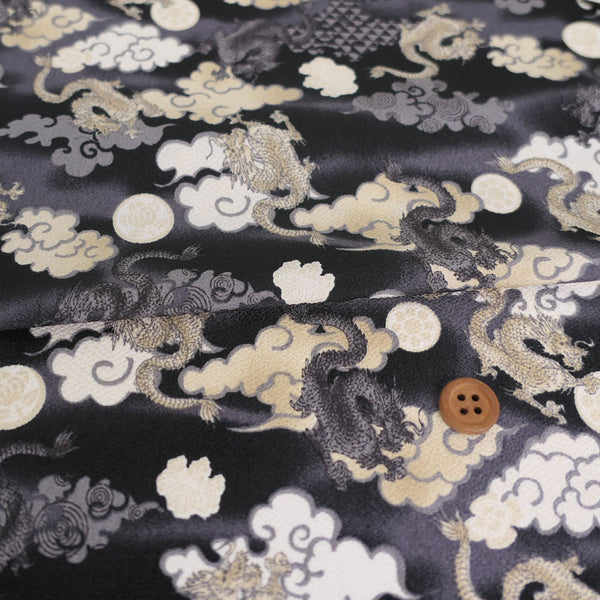 Polyester Chirimen Crepe Flying Dragons in Black (Length) 1＝0.25yard