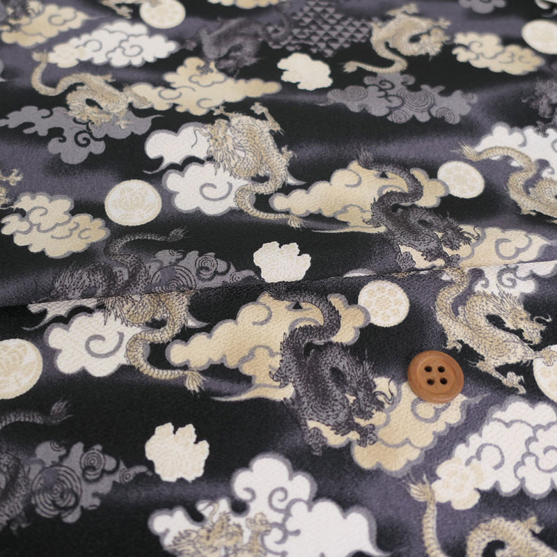 Polyester Chirimen Crepe Flying Dragons in Black (Length) 1＝0.25yard