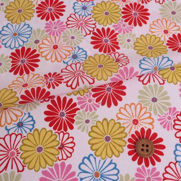 Polyester Chirimen Crepe Colorful Chrysanthemum Blooms White (Length) 1＝0.25yard