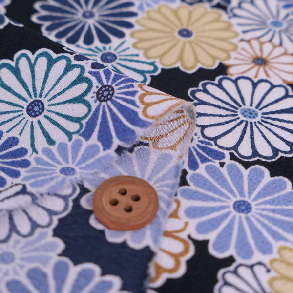 Polyester Chirimen Crepe Colorful Chrysanthemum Blooms Dark Navy (Length) 1＝0.25yard