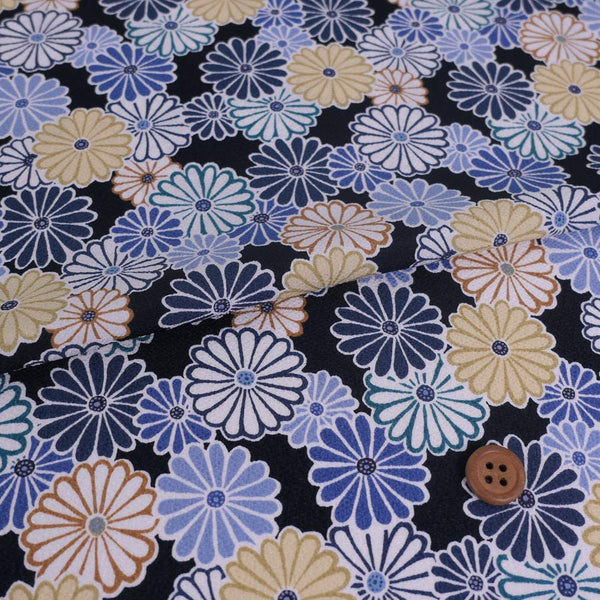 Polyester Chirimen Crepe Colorful Chrysanthemum Blooms Dark Navy (Length) 1＝0.25yard