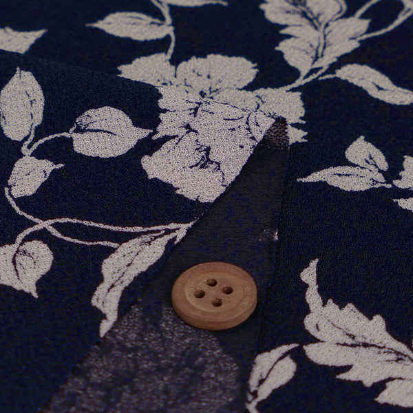 Polyester Chirimen Knit – Floral Elegy in Deep Navy & Ivory (Length) 1＝0.25yard