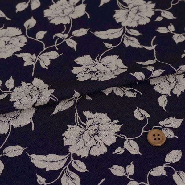Polyester Chirimen Knit – Floral Elegy in Deep Navy & Ivory (Length) 1＝0.25yard