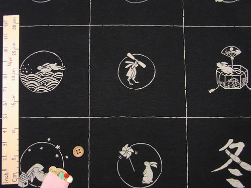 Hand Printed Rabbits of The Four Seasons in Black (Quantity) 1=1row