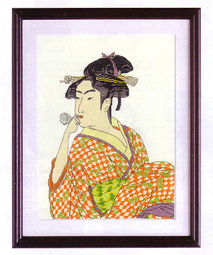 Cross Stitch Embroidery Kit - Woman Blowing Popen by Utamaro