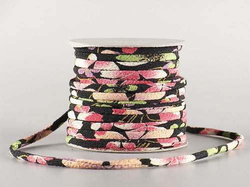 Chirimen Fabric Cord - 1/9in Colorful Cherry Blossoms on Water Black (Quantity) 1＝1yard