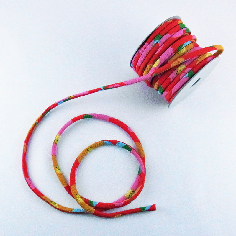 Chirimen Fabric Cord - 1/9in Plump Peonies Red (Quantity) 1＝1yard