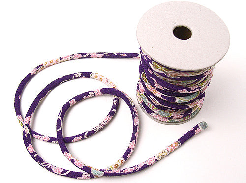 Chirimen Fabric Cord - 1/8in Tiny Cherry Blossoms on Purple (Quantity) 1＝1yard