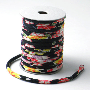 Chirimen Fabric Cord - 1/8in Weeping Cherry Blossoms on Black (Quantity) 1＝1yard