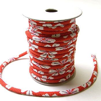 Chirimen Fabric Cord - 1/8in Romantic Cherry Blossoms on Red (Quantity) 1＝1yard