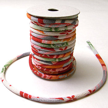Chirimen Fabric Cord - 1/8in Japanese Floral Waves Red (Quantity) 1＝1yard