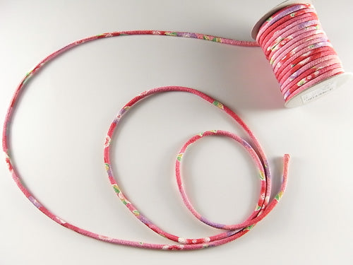 Chirimen Fabric Cord - 1/8in Cute Peonies Red/Dark Pink (Quantity) 1＝1yard